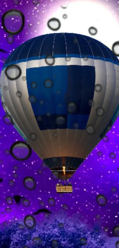 Hot air balloon soaring in a vibrant purple starry sky.