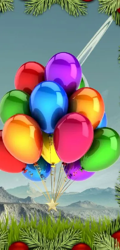 Colorful balloons floating over green mountain scenery.