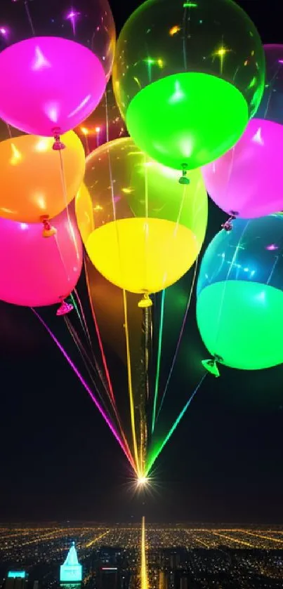 Colorful balloons soaring above neon cityscape at night.