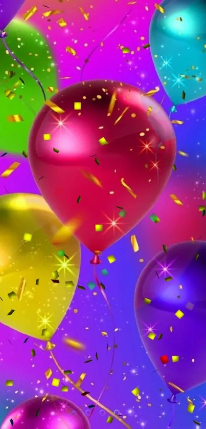 Colorful balloons with confetti on a vibrant background wallpaper.