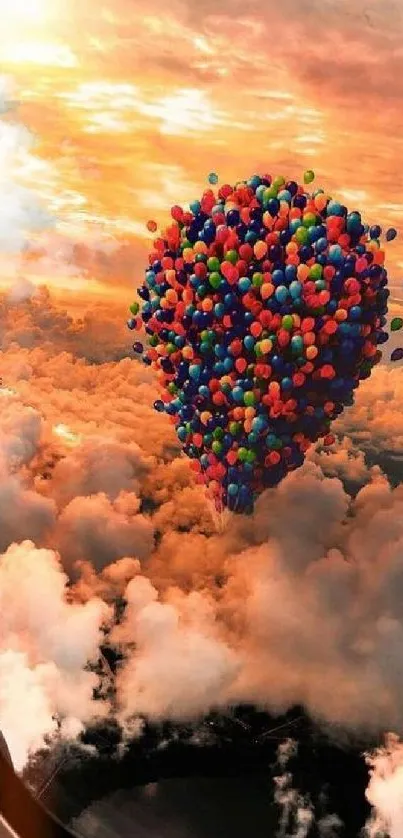 Colorful balloons viewed from airplane window at sunset with clouds.