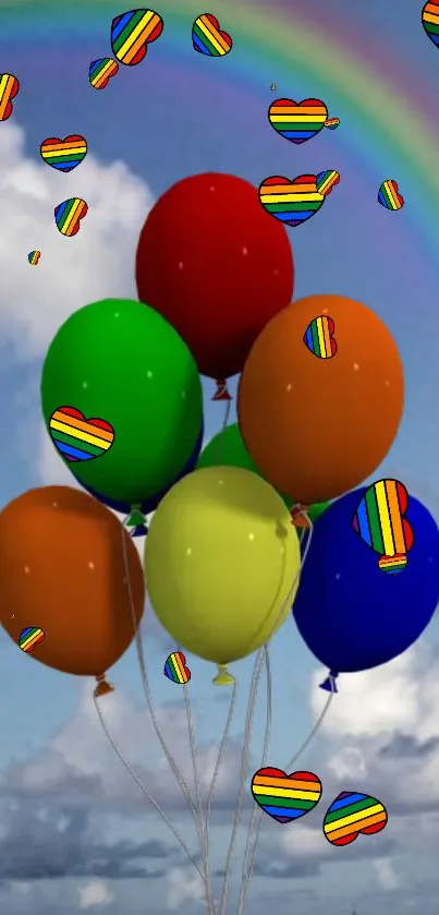 Colorful balloons and rainbow in sky wallpaper with heart patterns.