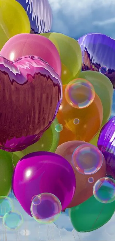 Colorful heart-shaped balloons soar in a bright blue sky, creating a vibrant scene.