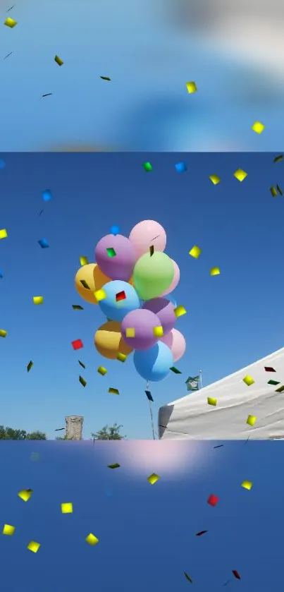 Colorful balloons floating in a clear blue sky with confetti.