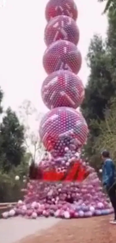 Colorful balloon tower against a forested backdrop.