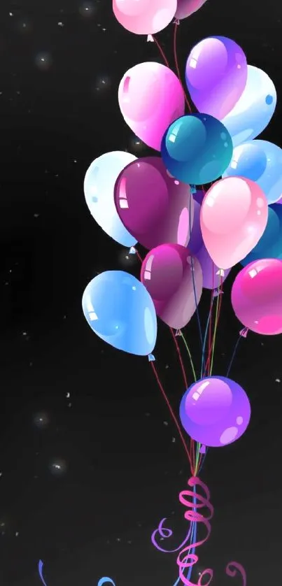 Colorful balloons floating on a black background.