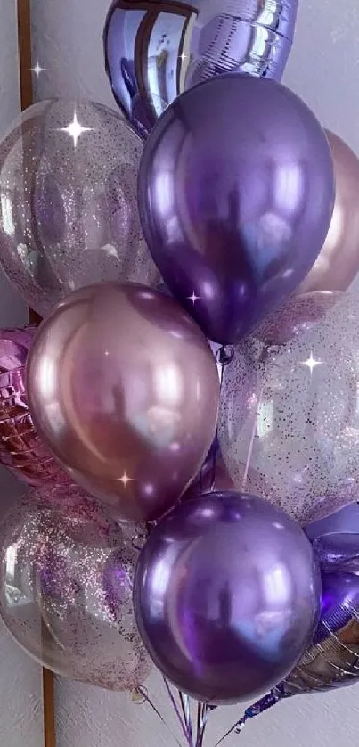 Purple and pink festive balloon cluster mobile wallpaper.