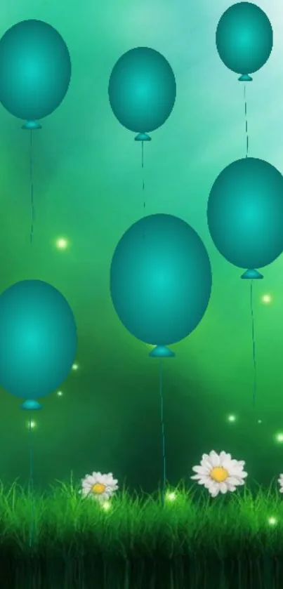 Teal balloons float above green grass and daisies.