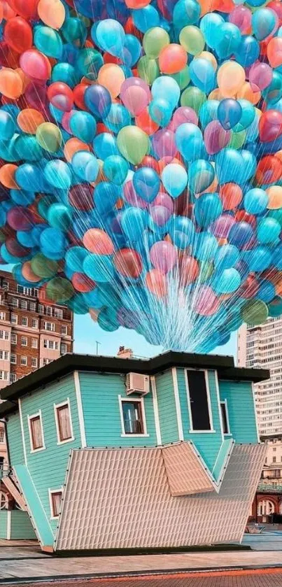 Upside-down house lifted by vibrant balloons in cityscape wallpaper.