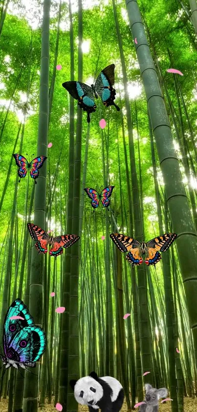 Bamboo forest with colorful butterflies and panda in vibrant scene.