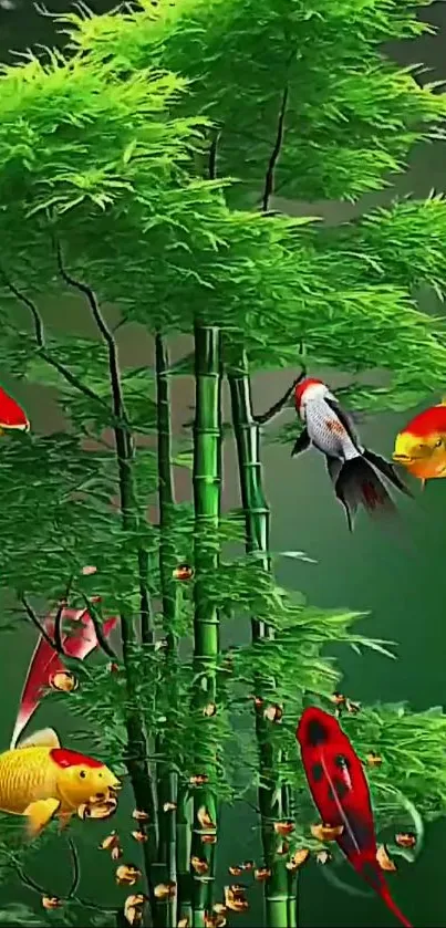 Green bamboo with colorful koi fish mobile wallpaper.