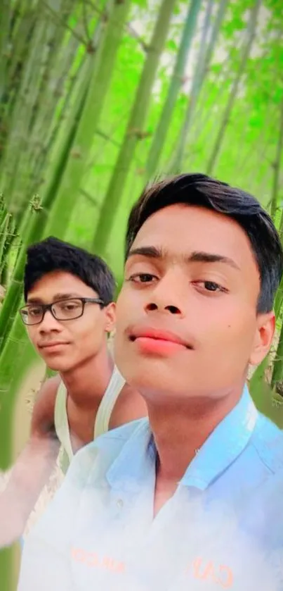 Two people taking a selfie in a bamboo forest with a vibrant green background.