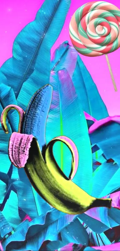 Psychedelic banana and lollipop in vibrant tropical scene - mobile wallpaper.