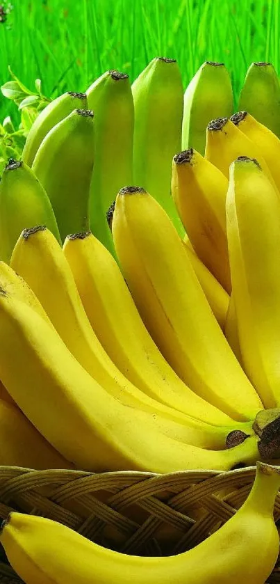 A vibrant bunch of yellow bananas with a lush green background.