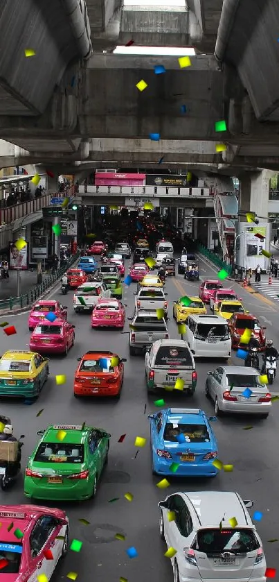 Lively Bangkok city traffic under elevated concrete structures with vibrant vehicles.