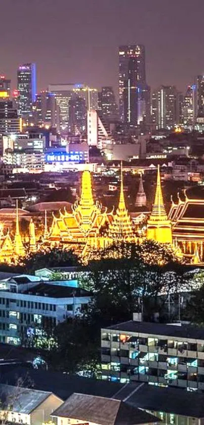 Bangkok night skyline with glowing temples.