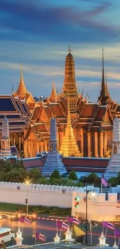 Bangkok skyline at twilight with illuminated temples.