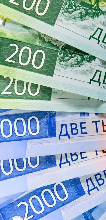 Colorful Russian banknotes wallpaper with vibrant hues.