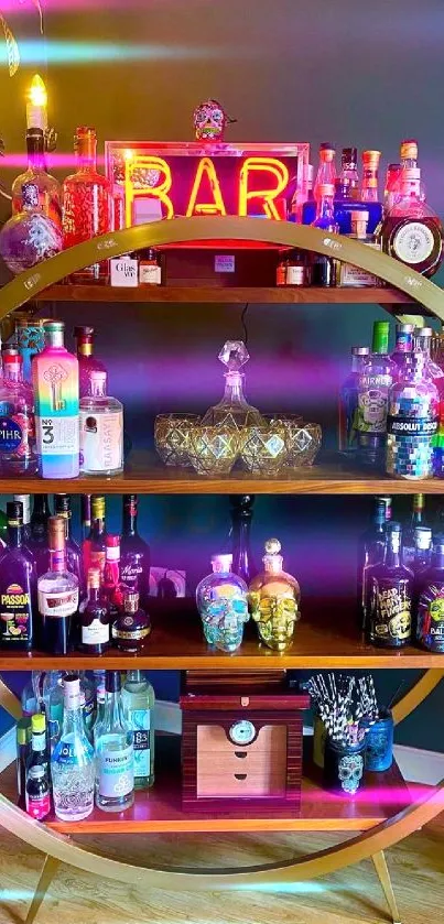 Eclectic bar shelf with colorful bottles and neon light.