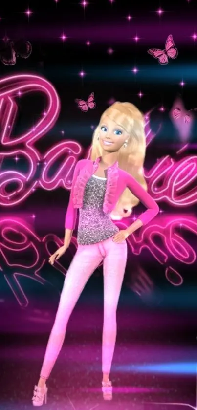 Barbie in neon pink outfit with butterflies on shining background.