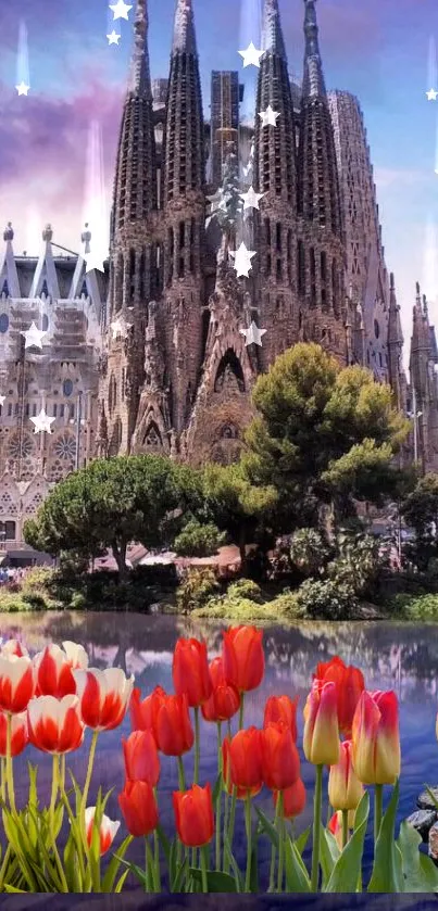 Majestic Barcelona architecture with tulips and a dreamy sky.