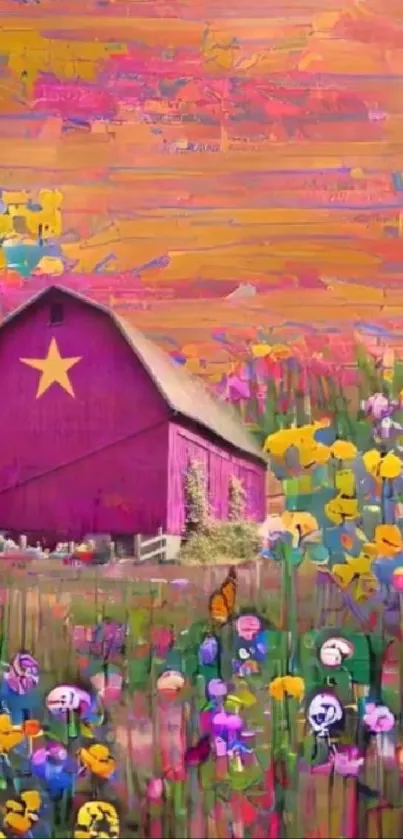 Vibrant wallpaper with barn and flowers in colorful hues.