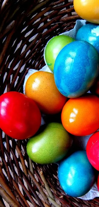 A basket filled with vibrant, colorful Easter eggs in a rustic setting.