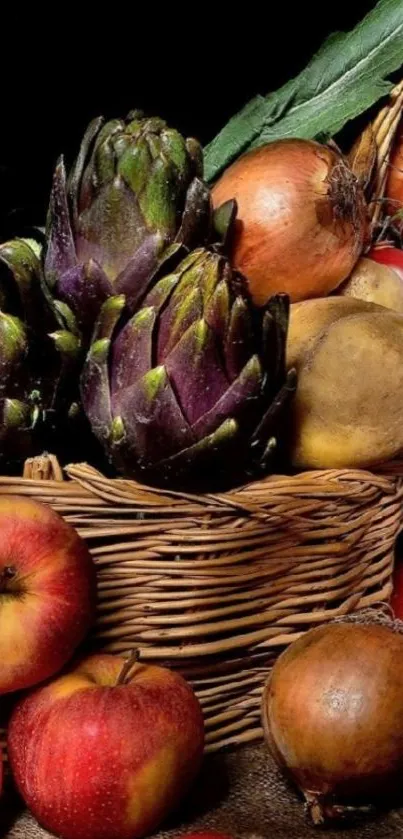Basket filled with fresh produce including apples, artichokes, and tomatoes.