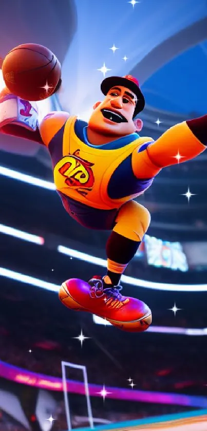 Animated character leaps for a basketball dunk in a vibrant stadium scene.