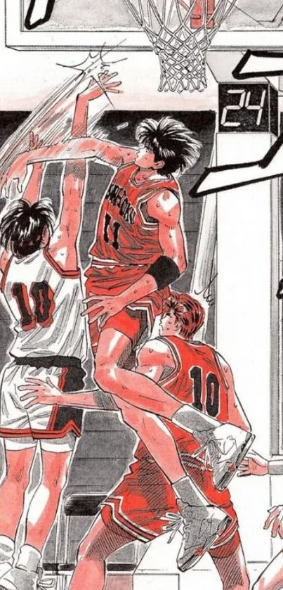 Anime basketball action in vibrant red color scheme.