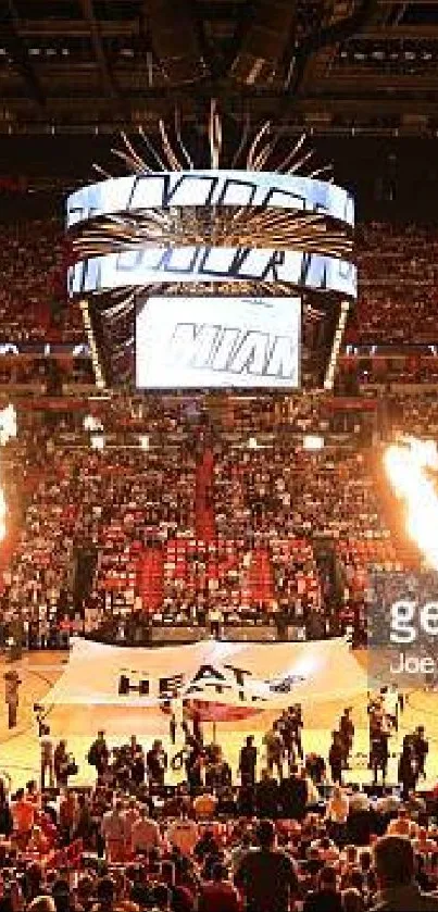 Exciting basketball arena with vibrant lights and enthusiastic fans.