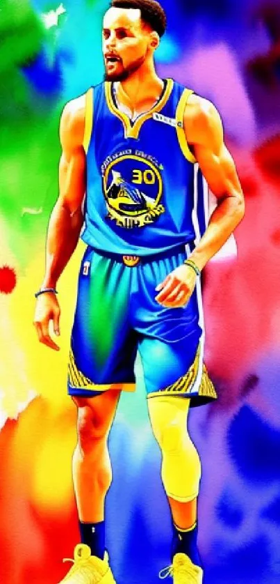 Vibrant basketball player with colorful watercolor background.