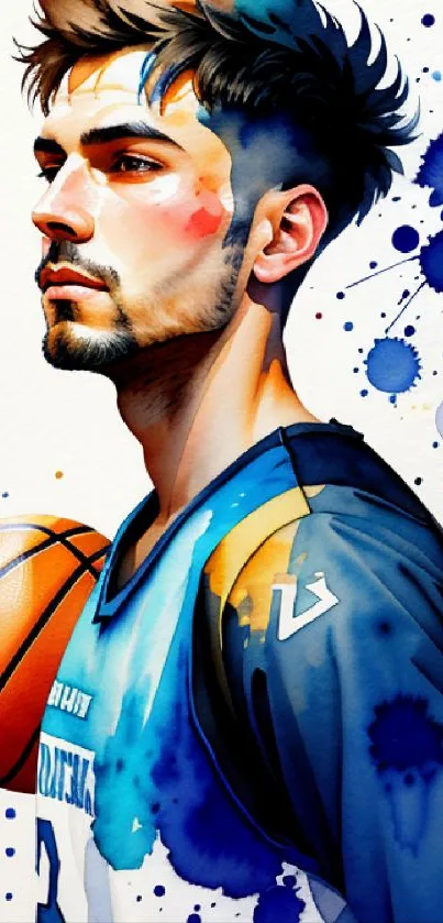 Dynamic watercolor portrait of a basketball player in vibrant blue hues.