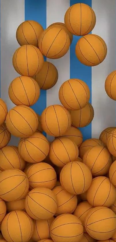 A cascade of basketballs against a blue and white striped background.