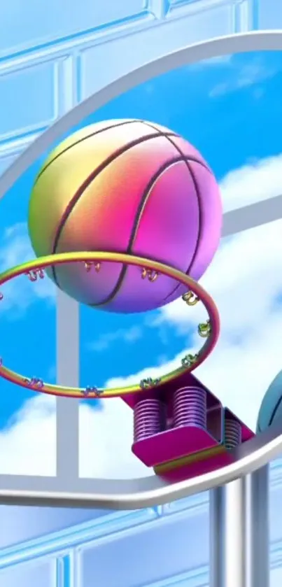 Vibrant basketball with colorful hoop against a blue sky backdrop.