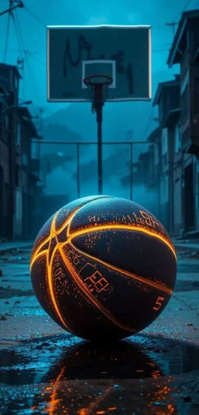 Glowing basketball on urban court at night.