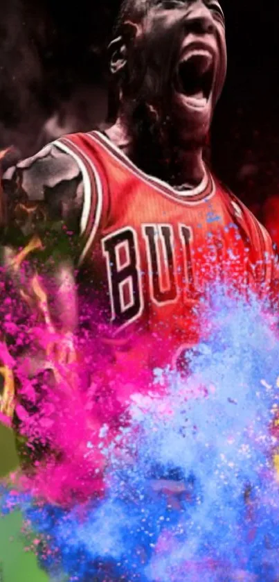 Explosive basketball artwork with vibrant colors and dynamic energy.