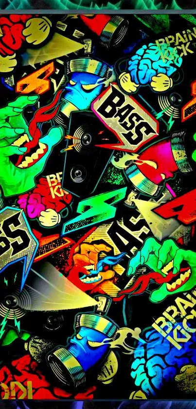 Colorful graffiti bass-themed mobile wallpaper with vibrant art.