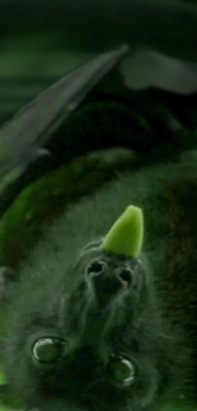 A bat illuminated in neon green, hanging upside down.