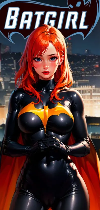 Vibrant Batgirl standing against cityscape background in dynamic superhero pose.