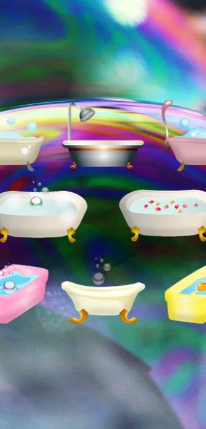 Colorful bath-themed wallpaper with a rainbow swirl design.