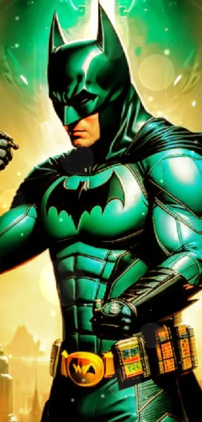 Vibrant Batman wallpaper with teal suit and futuristic city.