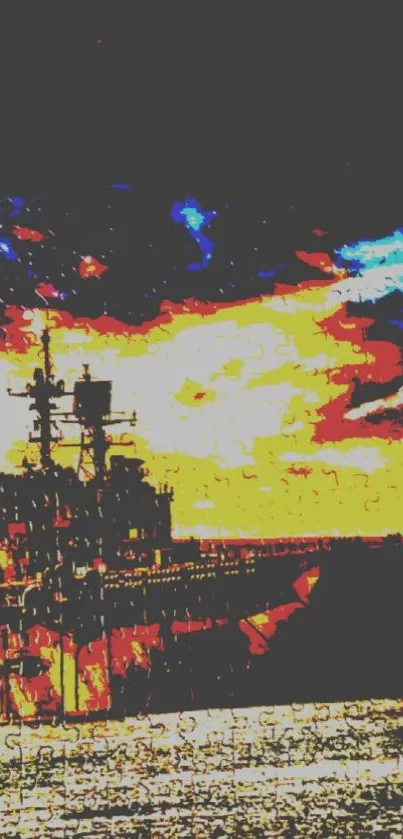 Battleship silhouette against a vibrant sunset sky over the ocean.