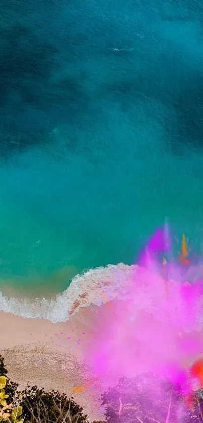 Vibrant aerial beach wallpaper with turquoise ocean and pink splash.