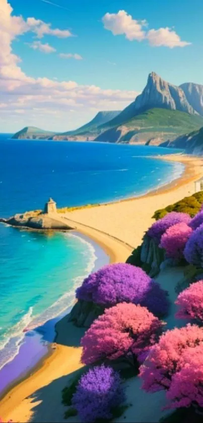 Vibrant beach and mountainscape with pink trees.