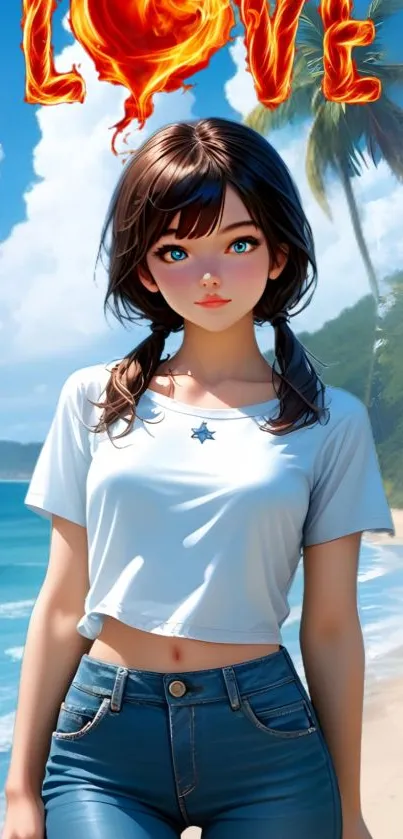 Anime art of girl on a vibrant beach setting with tropical elements.