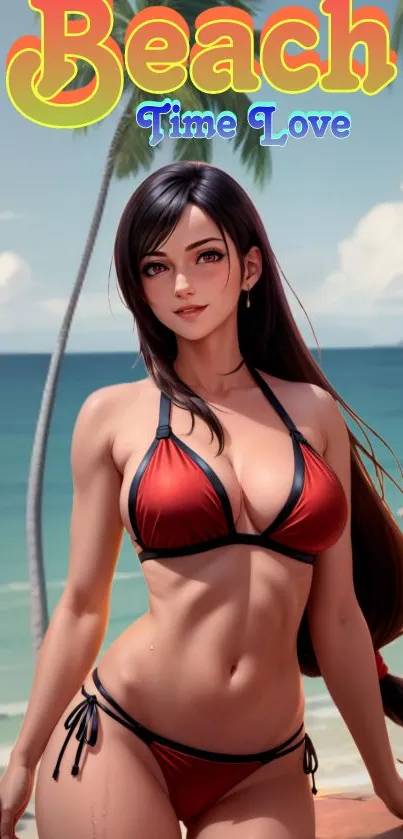 Anime character on a sunny beach with ocean and palm trees.