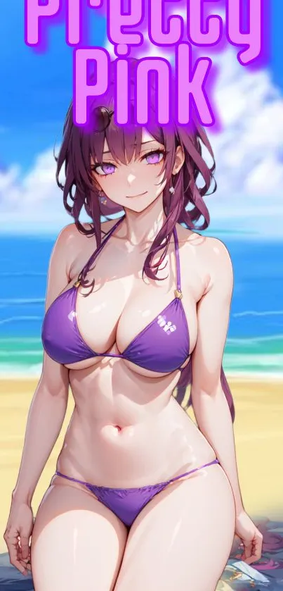 Anime character in bikini on vibrant beach background.