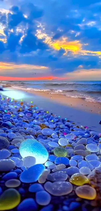 Colorful stones and sunset beach view with vibrant skies.