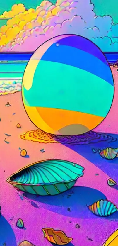 Vibrant fantasy art with a beach ball and seashells on a colorful coast.